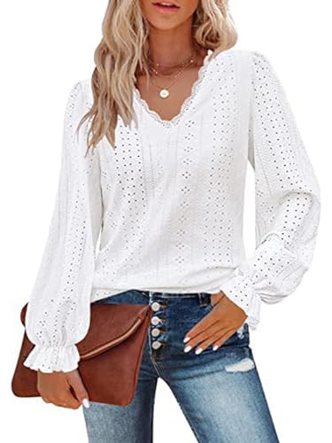 SHEKINI Damen Bluse mit V Ausschnitt Langarmshirt Elegant Langarm Pullover Tunika Lässige Oberteile Puffärmel Blusenshirt überbackener Spitze Hemd Tops von SHEKINI