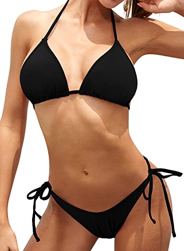 SHEKINI Damen Bikinis Set Klassischer Verstellbarer Triangel Bikinioberteil Sexy Rückenfrei Badeanzug Schnürung Bikinihose Strandbikini für Frauen（Schwarz，M） von SHEKINI