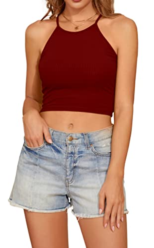 SHEKINI Damen Camisole Träger Crop Bralet Vest Top Sommer Ärmelloses Oberteil T-Shirts ohne Gepolstert Basic Tank Rib Tops für Sport Yoga (S, Weinrot) von SHEKINI