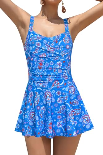 SHEKINI Damen Einteiliger Badeanzug Twisted Retro Badeanzugkleid Verstellbarer Schwimmkleid Bauchweg Ruched Bauchkontrolle Badekleid Bademode für Frauen (L,Blaue Blumen gedruckt) von SHEKINI