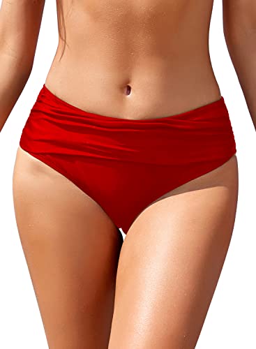 SHEKINI Frauen Ruched Bikinihosen Mittelhohe Badehose Verstecken Bauch Briefs Hipster Damen Klassisch Mäßige Abdeckung Badehose Shorts (Small, Rot) von SHEKINI