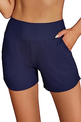 SHEKINI Damen Hohe Taille Badeshorts Taschen Kurze Badehose Schnell Trocknend Schwimmshorts Wassersport Boardshorts Schwimmhose mit Slip(Dunkelblau,L) von SHEKINI