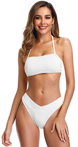 SHEKINI Frauen 2-teilige Badeanzüge gerippte Schnürung bis Trägerlose Bandeau Bikini Set High Cut BadeanzügeSuits (Weiß, M) von SHEKINI