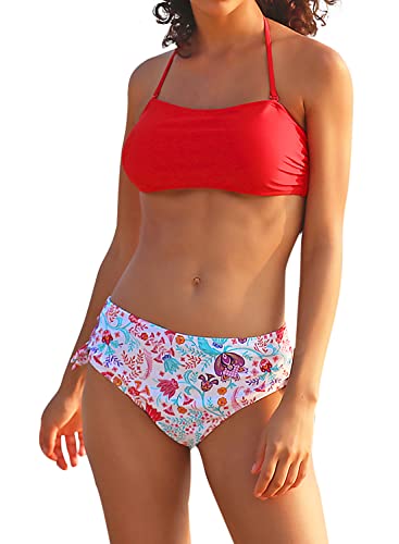 SHEKINI Damen Bikini Set Rückenfrei Bandeau Verstellbarer Neckholder Bikinioberteil Elegant Zweiteiliger Badeanzug Hohe Taille Bikinihose Bademode(Small, Blumendruck-Rot) von SHEKINI