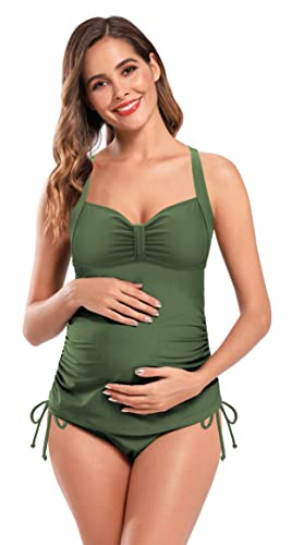 SHEKINI Damen Rückenfrei Umstandsmode Elegant Verstellbarer Tankini Zweiteiliger Badeanzug Bauchweg Ruched Abdomen Control Grosse Grössen Schwangerschaft Bikini(S,Olivgrün) von SHEKINI