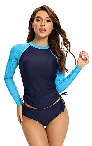 SHEKINI Damen Rush Guard Langarm Wassersport Surfing Shirt Schwimmen Bademode Sportlich Badeanzug Badeshirts Badebekleidung（M, Dunkelblau D） von SHEKINI