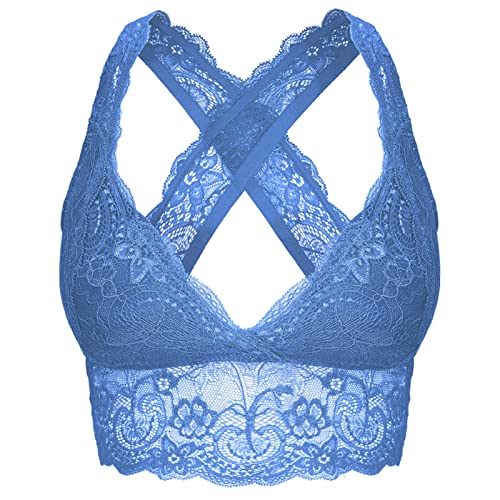 SHEKINI Damen Spitze BH Bügelfrei Gepolstert Cross-Back Longline Pullover Racerback Bralette Top, hellblau, Medium von SHEKINI