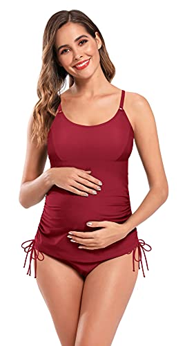 SHEKINI Damen Umstandstankini Zweiteiliger Badeanzug Retro Ruched Bauchkontrolle Verstellbare Tankini Set Grosse Grössen Umstandsbadeanzug (XL,Weinrot) von SHEKINI