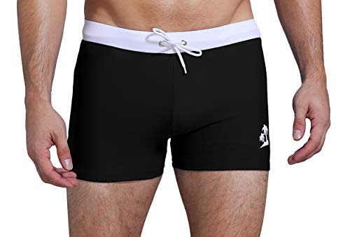 SHEKINI Herren Sportliche Kurze Badehose Eng Jungen Schwarz Badeshorts Elastisch 2 Farben Große Größen Schwimmhose Kordelzug Elastisch Strandhose für Männer (Large, Schwarz) von SHEKINI