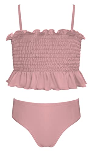 SHEKINI Mädchen 2 Teiliger Bikini Volant Bandeau Bademode Blumenmuster Strandbikini Low Waist Bikini Bottoms Süße Badebekleidung (10-12 Jahre,Rosa2) von SHEKINI