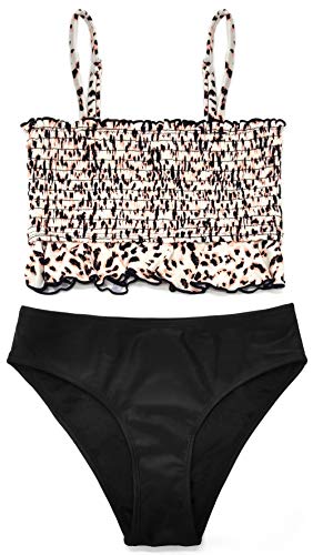 SHEKINI Mädchen 2 Teiliger Bikini Volant Bandeau Bademode Blumenmuster Strandbikini Low Waist Bikini Bottoms Süße Badebekleidung (Schwarz, 8-10 Jahre) von SHEKINI