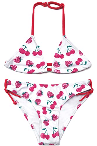 SHEKINI Mädchen-Badeanzug, Bikini-Set, Neckholder, Triangel-Top, bedrucktes Unterteil, 2-teiliger Badeanzug, Kinder-Bademode, 6–14 Jahre, erdbeere, 8 Jahre von SHEKINI