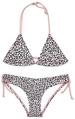 SHEKINI Mädchen Bikini Set Verstellbarer Spaghettiträgern Triangel Bikinioberteil Süß Gedruckt Zweiteiliger Badeanzug Kinder für 6-14 Jahre (12-14 Jahre, Rosa Leopard) von SHEKINI