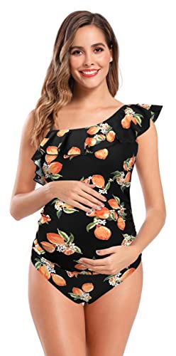 SHEKINI Maternity Einteiliger Badeanzug Damen Rüschen Bandeau Ruched Verstellbarer Bikini Grosse Grössen Umstandsbadeanzug Einteiliger Bikini Schwangerschaft（M,Schwarz-Zitrone von SHEKINI