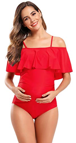 SHEKINI Maternity Einteiliger Badeanzug Damen Rüschen Bandeau Ruched Verstellbarer Bikini Grosse Grössen Umstandsbadeanzug Einteiliger Bikini Schwangerschaft(Medium, Rot) von SHEKINI