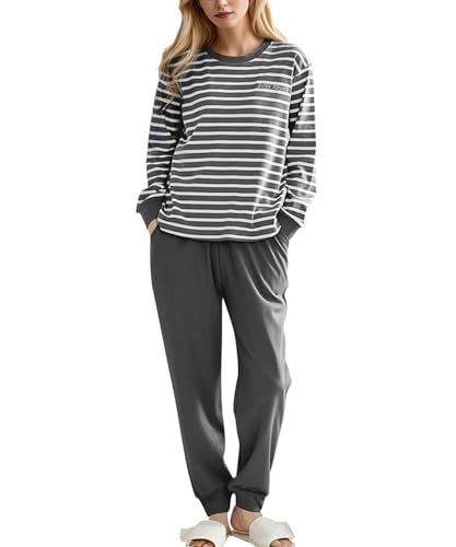 SHEKINI Schlafanzug Damen Lang Pyjama Set Baumwolle Nachtwäsche Zweiteiliger Schlafanzüge Hausanzug Sleepwear mit Bündchen von SHEKINI