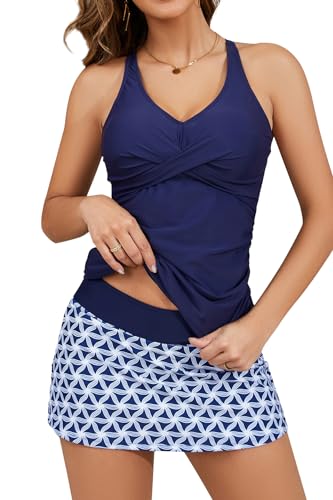 SHEKINI Damen Tankini Set Ruched Bauchweg Slim Zweiteiler Badeanzug Elegant Twisted Tankini Oberteil mit Rock Große Größen Bademode（M，Dunkelblau） von SHEKINI