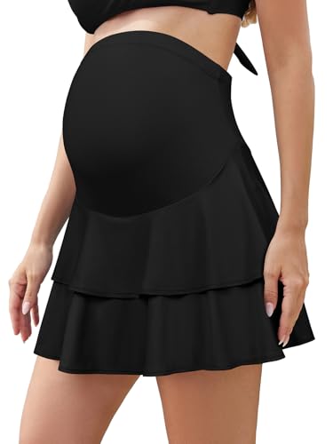 SHEKINI Umstandsrock mit Rüschen über und unter dem Bauch, hohe Taille, fließende Schwangerschaft, athletische Skorts, integrierte Shorts für Tennis, Golf, Schwarz , L SHEKINI Umstandsrock mit Rüschen über und unter dem Bauch, hohe Taille, fließende Schwangerschaft, athletische Skorts, integrierte Shorts für Tennis, Golf, Schwarz , L von SHEKINI