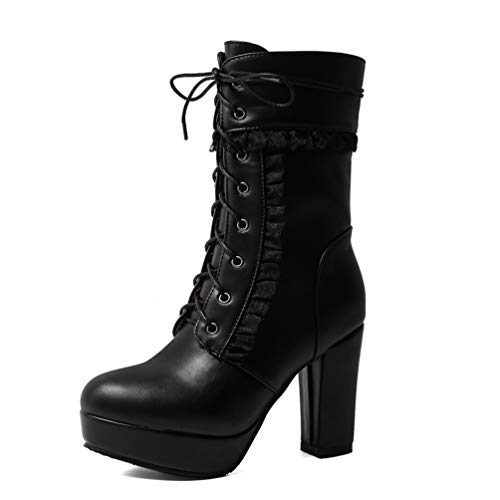 SHEMEE Damen Ankle Boots High Heels Plateau Stiefeletten mit Blockabsatz Schnürung 10cm Absatz Schnürstiefeletten Winter Schuhe(Schwarz,36) von SHEMEE