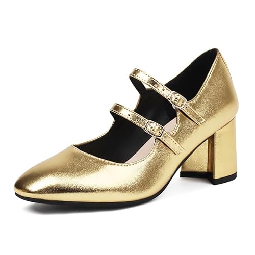 SHEMEE Damen Mary Janes Quadratisch Zehe Frauen Blockabsatz Pumps Schnalle Riemen Lolita Shoes Chunky Heels Kleid Schuhe,Gold Metallisch EU 44 von SHEMEE