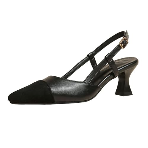 SHEMEE Damen Slingpumps Spitz Kitten Heels Elegante Slingback Sandalen kleiner Absatz Klassischer Pumps Patchwork Kleid Schuhe,Schwarz EU 40 von SHEMEE