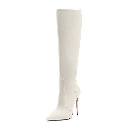 SHEMEE Damen Spitze Kniehohe Stiefel Wildleder mit 12cm Absatz Stiletto Sexy Kniestiefel Knee High Boots (Weiß,42) von SHEMEE