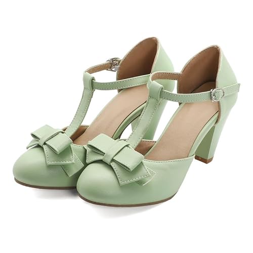 SHEMEE Damen T-Strap Block Chunky Heel Mary Jane Pumps mit Schleife Blockabsatz Sandalen Cut Out T-Riemen High Heels Rockabilly Schuhe,Grün EU 34 von SHEMEE