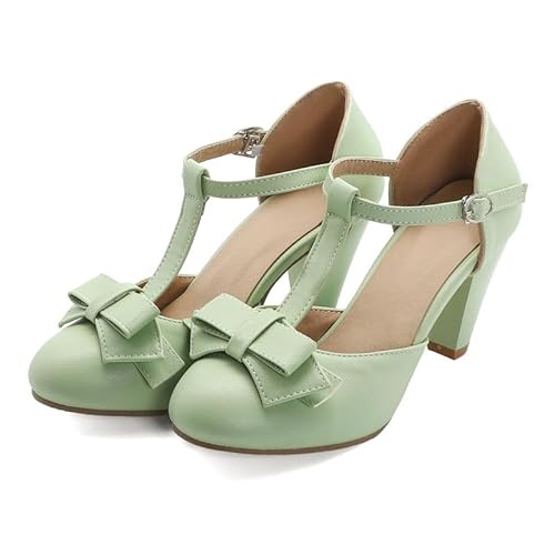 SHEMEE Damen T-Strap Block Chunky Heel Mary Jane Pumps mit Schleife Blockabsatz Sandalen Cut Out T-Riemen High Heels Rockabilly Schuhe,Grün EU 44 von SHEMEE