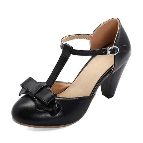 SHEMEE Damen T-Strap Block Chunky Heel Mary Jane Pumps mit Schleife Blockabsatz Sandalen Cut Out T-Riemen High Heels Rockabilly Schuhe,Schwarz EU 36 von SHEMEE