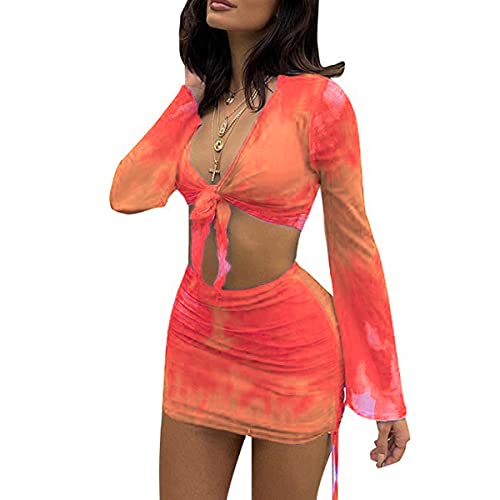 SHESEEWORLD Damen Sexy Langes ärmelloses 2-teiliges Sheer Mesh Cover Up Kleid Crop Top Figurbetont Gerüschte Mini Rock Sets, Orange, Groß von SHESEEWORLD