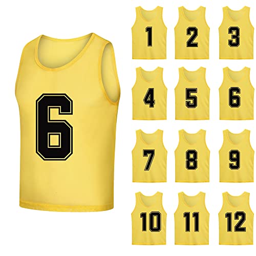 SHIJIXING 12 Stück (1–12) nummerierte Pinnies/Fußball-Trainings-Lätzchen/Basketball-Trikots für Kinder, Jugendliche und Erwachsene, 1-12 Gelb, XL von SHIJIXING