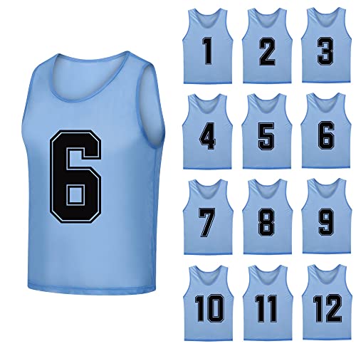 SHIJIXING 12 Stück (1–12) nummerierte Pinnies/Fußball-Trainings-Lätzchen/Basketball-Trikots für Kinder, Jugendliche und Erwachsene, 1-12 himmelblau, M von SHIJIXING