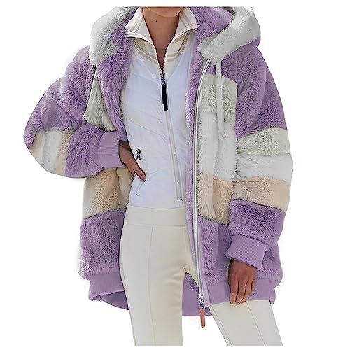 SHINEHUA Damen Teddy Fleecejacke mit Kapuze Warme Flauschjacke Kapuzenjacke Winter Warm Mantel Casual Zip Hoodie Plüschjacke Comfy Softjacket Bequeme stilvolle Winterjacke (Lila, 5XL) von SHINEHUA