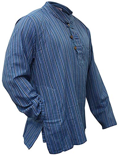 Multi Farben Mix dharke Streifen leicht bequem langärmlig traditionell Großvater Shirt, Hippy Boho, S M L XL XXL XXXL - N. blau, Large von SHOPOHOLIC FASHION