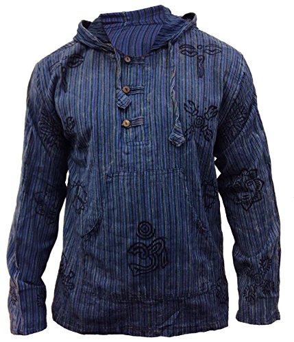 SHOPOHOLIC FASHION Herren Stonewashed Gestreift mit Kapuze Hippy Großvater Shirt - Blau, Large von SHOPOHOLIC FASHION