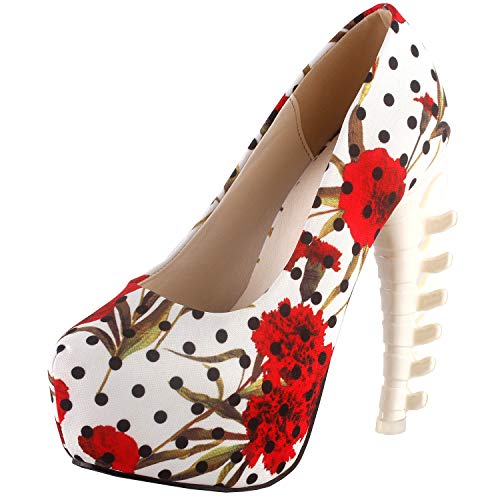 SHOW STORY Hot Fashion Sexy kurvige Slip auf Knochen Fersen Pumps, LF80610JW37, 37EU, weiß Floral Polka Dots von SHOW STORY