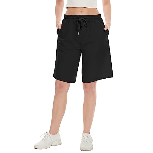 SICVEK Damen Casual Sommer Baumwolle Bermuda Shorts Bequem Lose Kordelzug Taille Gym Lounge Laufshorts mit Taschen, Schwarz, Groß von SICVEK