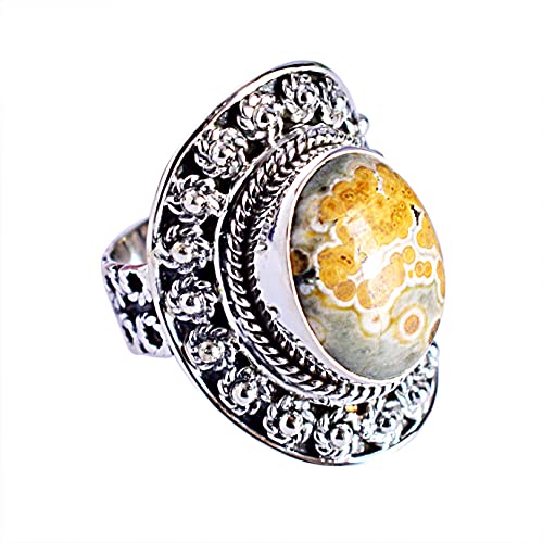 SILCASA Ozean-Jaspis-natürlicher Edelstein-Ring, natürlicher Edelstein-Ring, ovaler Cabochon, 925er Silber, handgefertigter Schmuck für Frauen, Mädchen 49 (15.6) von SILCASA