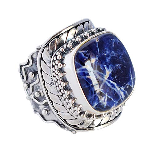 SILCASA Sodalith-Edelstein-Ring aus 925er-Sterlingsilber. Edelstein-Ring aus 925er-Sterlingsilber. Ausgefallener Cabochon-Designer-Modeschmuck 49 (15.6) von SILCASA