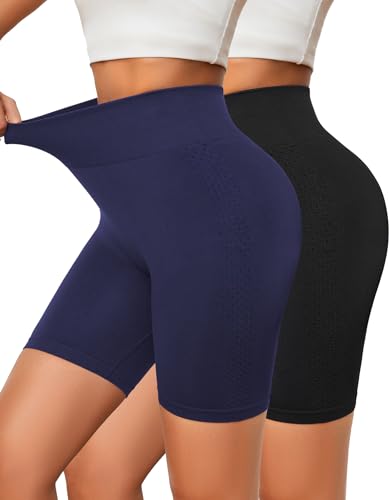 SIMIYA Radlerhose Damen Kurz mit atmungsaktivem Loch Sport Shorts Nahtlos Sporthose Kurz Leggings Hohe Taille Hotpants Workout Shorts für Yoga Gym, Schwarz + Marineblau,S von SIMIYA