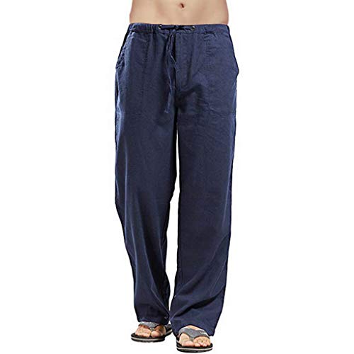 SINGOing Lässige Leinenhosen Herren Baumwolle Hosen Einfarbig Haremshose Baggy Freizeithosen Atmungsaktiv Sommerhose Loose Strandhosen Leichte Lange Hosen (Dunkelblau-A, XXXL) von SINGOing