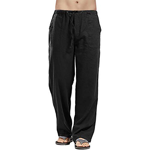 SINGOing Lässige Leinenhosen Herren Baumwolle Hosen Einfarbig Haremshose Baggy Freizeithosen Atmungsaktiv Sommerhose Loose Strandhosen Leichte Lange Hosen (Schwarz-A, M) von SINGOing