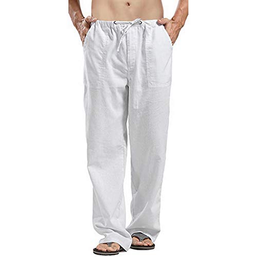 SINGOing Lässige Leinenhosen Herren Baumwolle Hosen Einfarbig Haremshose Baggy Freizeithosen Atmungsaktiv Sommerhose Loose Strandhosen Leichte Lange Hosen (Weiß-A, L) von SINGOing