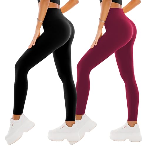 SINOPHANT 2er Pack Leggings Damen High Waist - Sportleggins Elastisch Yogahose Blickdicht Fitness Gym Yoga(2 Schwarz/Weinrot,S-M) von SINOPHANT