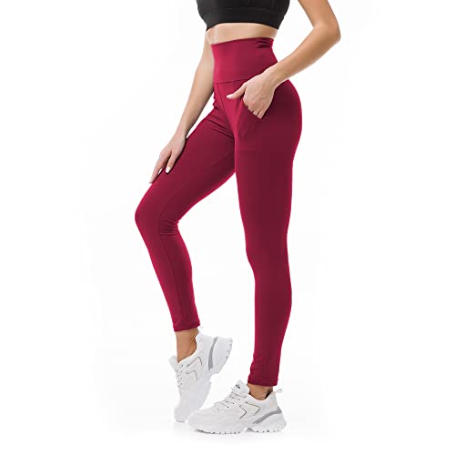 SINOPHANT Sport Leggings Damen mit Taschen, High Waist Sportleggins Lang Blickdicht Laufhose Fitnesshose Sporthose Yogahose für Yoga Sport(#1er Pack Weinrot,L-XL) von SINOPHANT