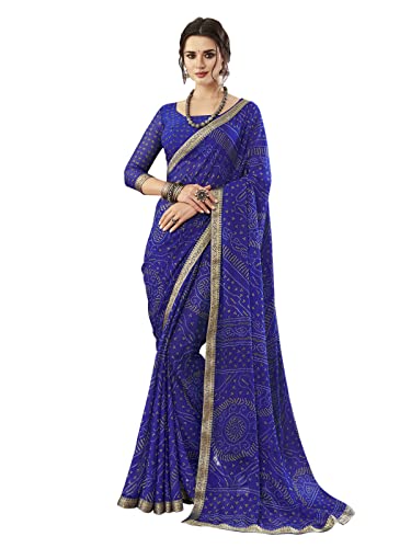 SIRIL Damen Bandhani Bedruckte & Spitze Chiffon Sari mit Bluse, Königsblau, Einheitsgröße von SIRIL