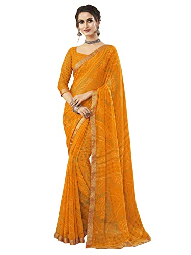 SIRIL Damen Bandhani Bedruckte & Spitze Chiffon Sari mit Bluse, Kurkuma gelb von SIRIL