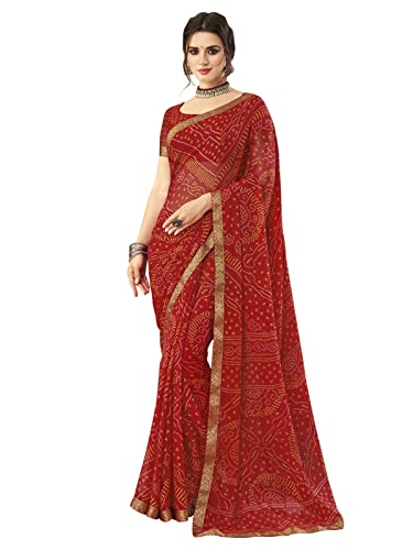 SIRIL Damen Bandhani Printed & Lace Chiffon Sari mit Bluse, Rot1, Einheitsgröße SIRIL Damen Bandhani Printed & Lace Chiffon Sari mit Bluse, Rot1, Einheitsgröße von SIRIL