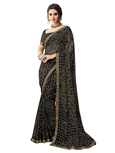 SIRIL Damen Bandhani Printed & Lace Chiffon Sari mit Bluse, Schwarz, Einheitsgröße SIRIL Damen Bandhani Printed & Lace Chiffon Sari mit Bluse, Schwarz, Einheitsgröße von SIRIL