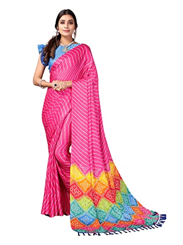 SIRIL Damen Quaste & Bandhani bedruckte Seide Saree mit ungenähtem Blusenteil, Pink, Einheitsgröße von SIRIL